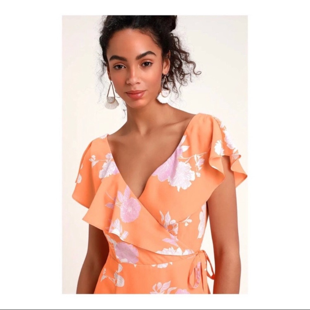 Lulu's Peach Floral Midi Dress with Pink Accents